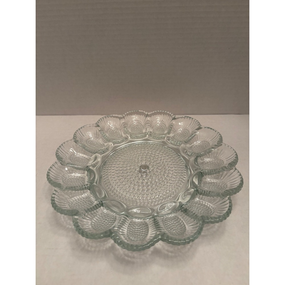 Vintage Clear Pressed Glass Hobnail Deviled Egg Platter 15 Slot Serving Tray 11"